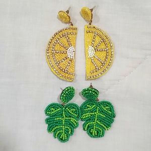 Lemon and Tropical Leaf Style Dangle Beaded Earrings